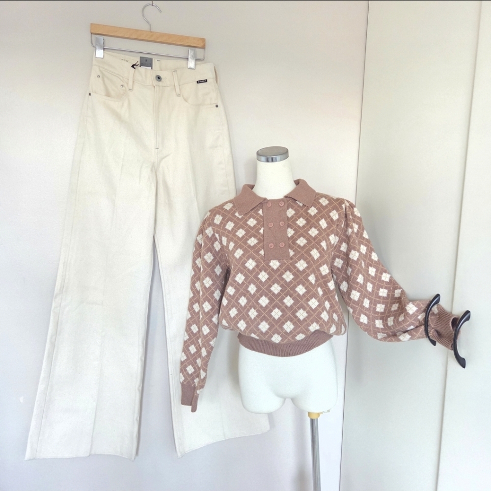 Oak & Fort Button Up Collar Knit Sweater In Brown/White SZ S - Picture 1 of 16